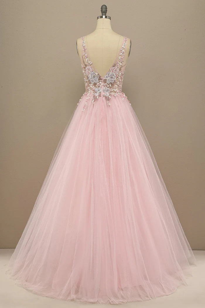 Robe Weitese A-Line Magnifique Robe Maxi Grise/Rose à Col V Profond Robe de Bal Classique Appliques Robe de Soirée